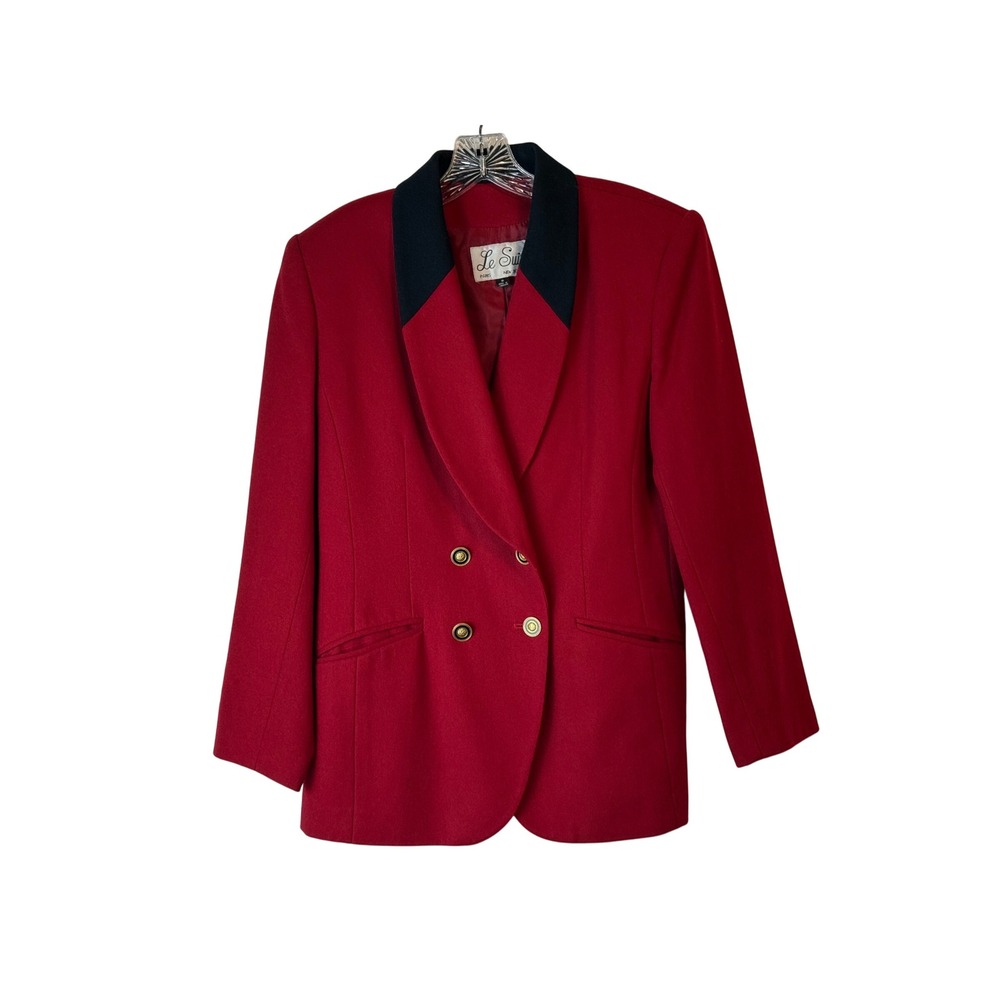 Le Suit Red Double Breasted Blazer Black Collar Gold Buttons Womens Size 8 Wool